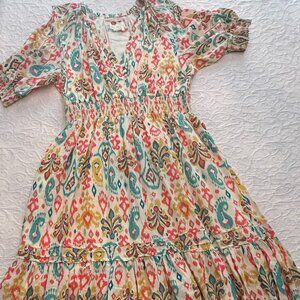 Anthropologie Multicolor Ikat Print Maxi Dress with Puff Sleeve XL